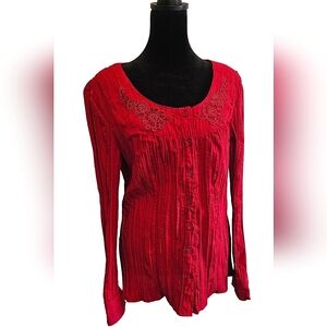St. John’s Bay Blouse Women’s Medium Red Long Sleeve Scoopneck Button Up